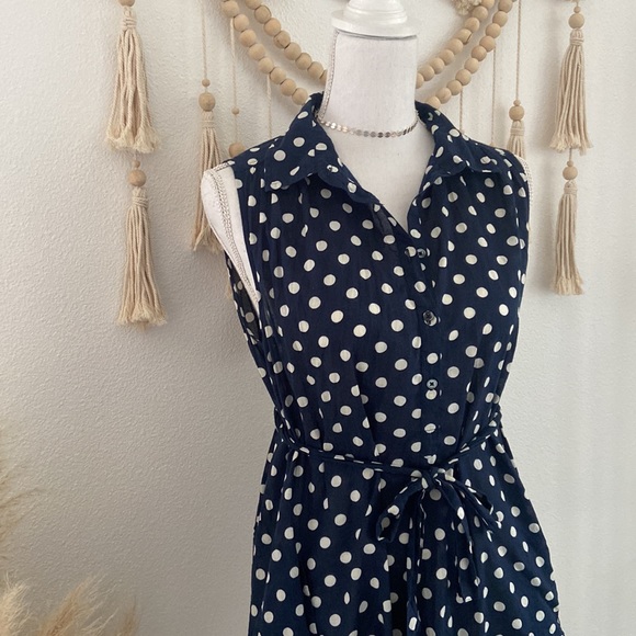 J. Crew navy polka dot shirt dress sleeveless tunic cream blue tie waist medium - Picture 2 of 15